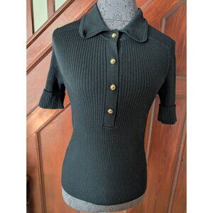 Banana Republic Womens Ribbed Black Polo Sweater S Merino Wool Short Sleeve